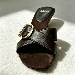 Retro Brown Cross Tied Mules Sandals Belt Buckle Detail Kitten Heel