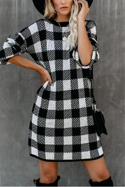 Retro Casual Solid Color Sweater Dress