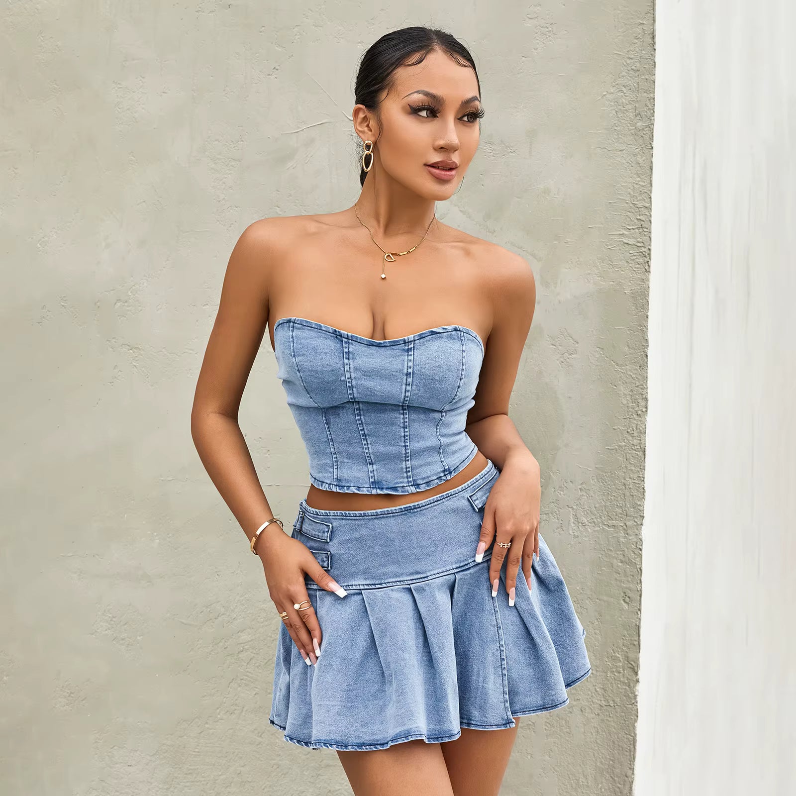Retro Denim Off-Shoulder Corset Crop Tops Mini Pleated Skirts Two-Piece
