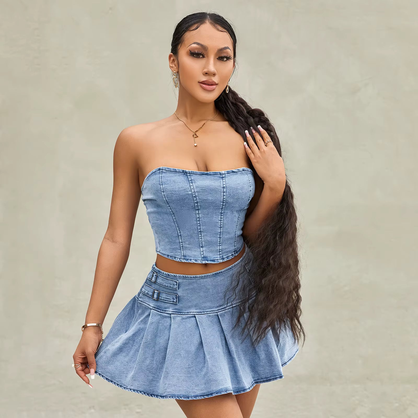 Retro Denim Off-Shoulder Corset Crop Tops Mini Pleated Skirts Two-Piece