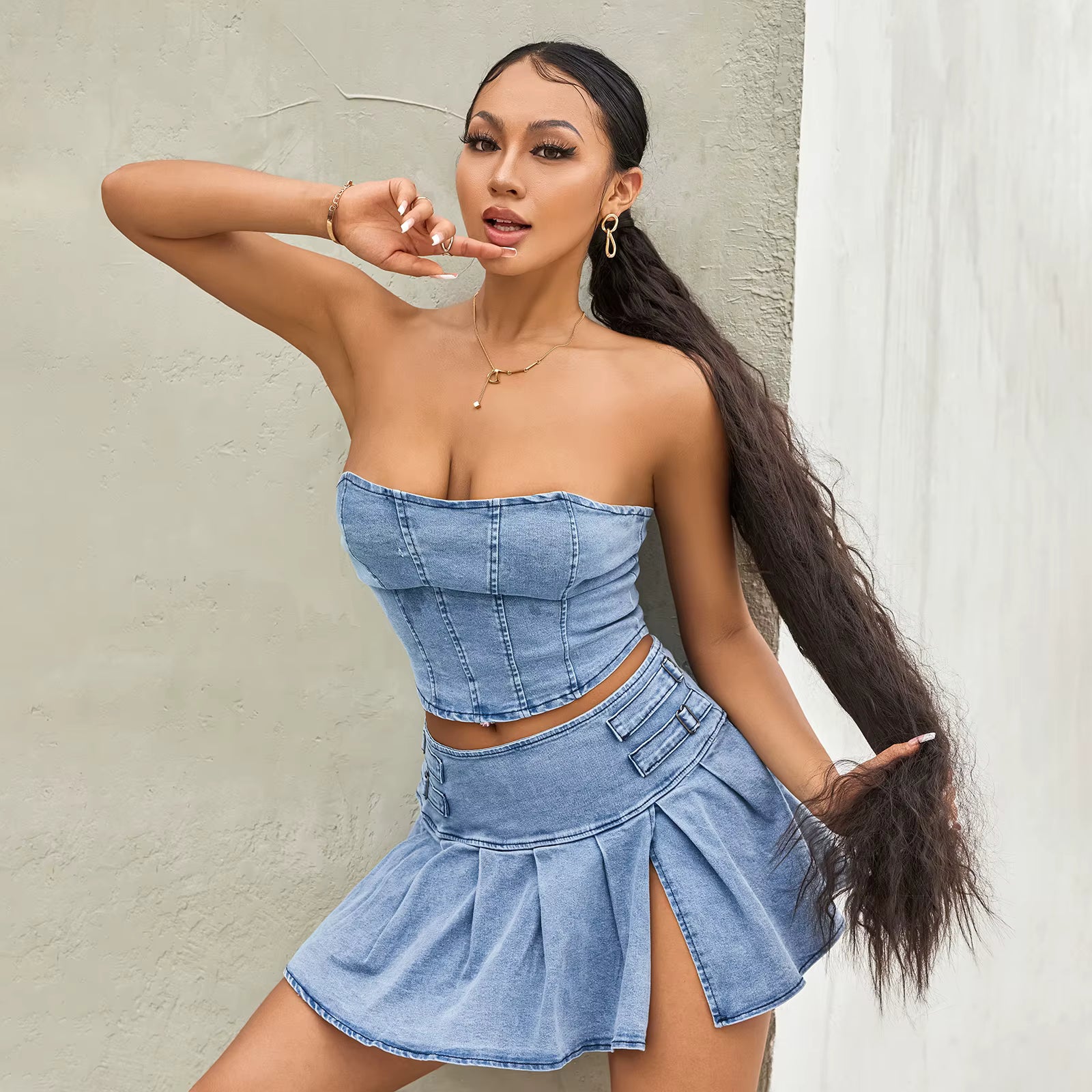 Retro Denim Off-Shoulder Corset Crop Tops Mini Pleated Skirts Two-Piece
