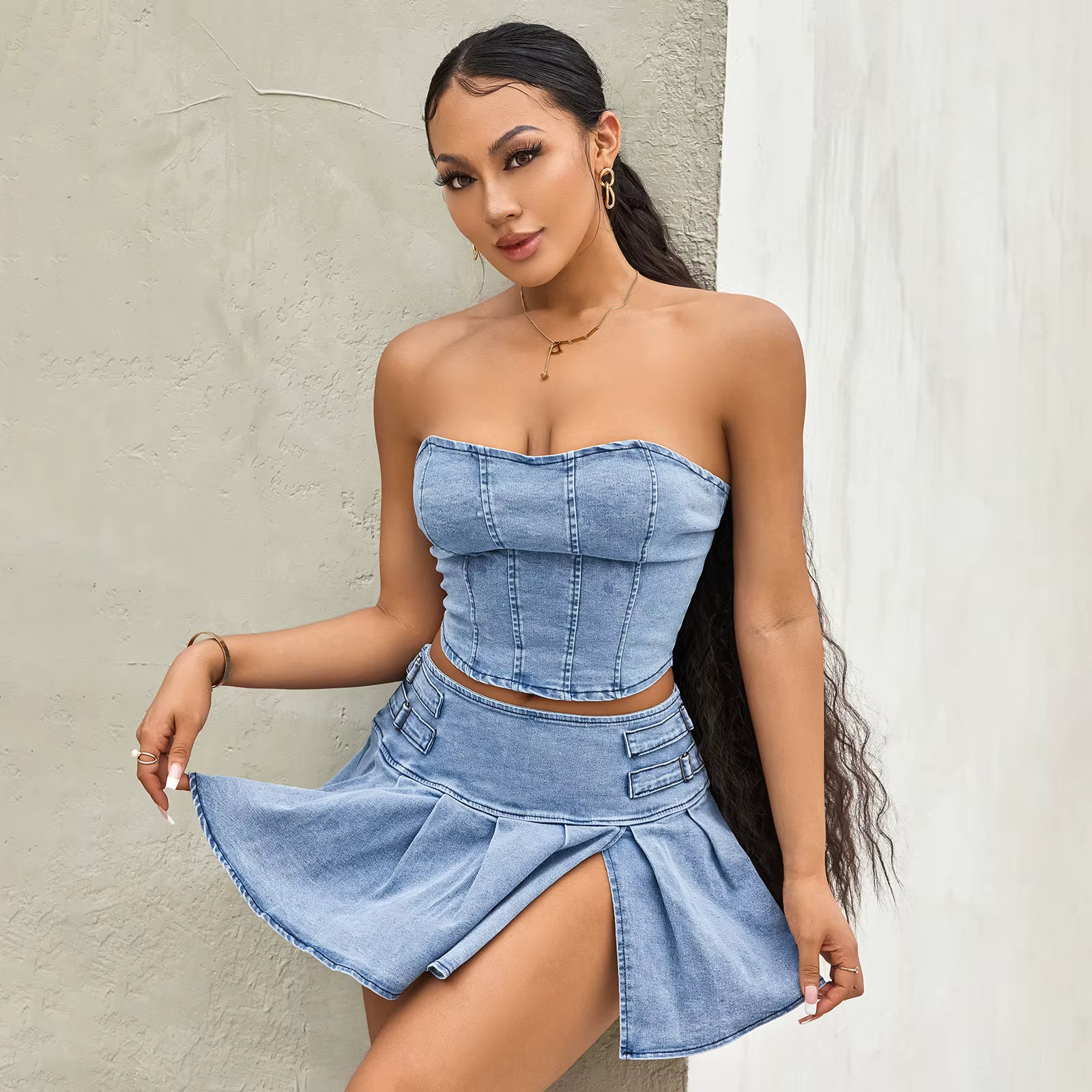 Retro Denim Off-Shoulder Corset Crop Tops Mini Pleated Skirts Two-Piece