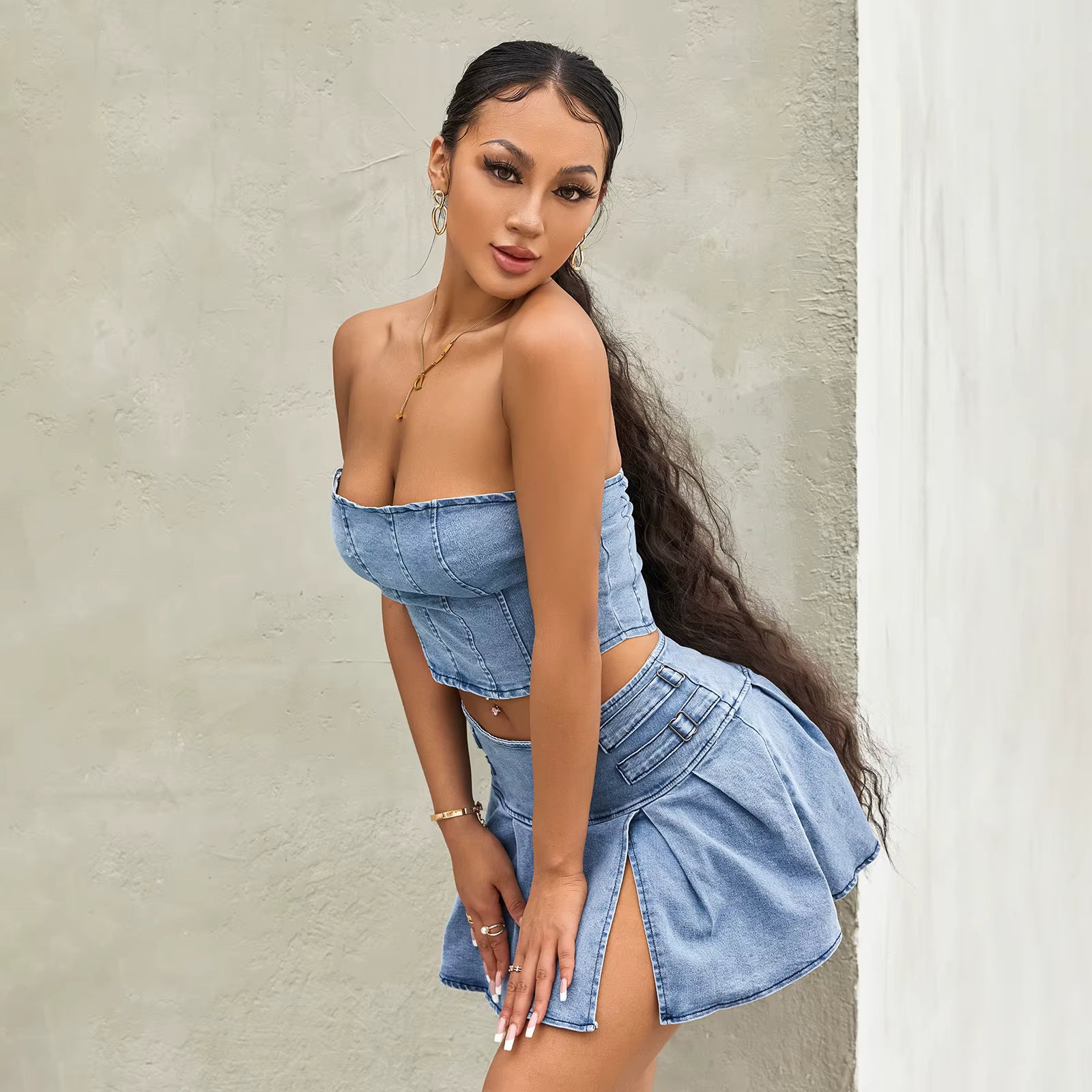 Retro Denim Off-Shoulder Corset Crop Tops Mini Pleated Skirts Two-Piece