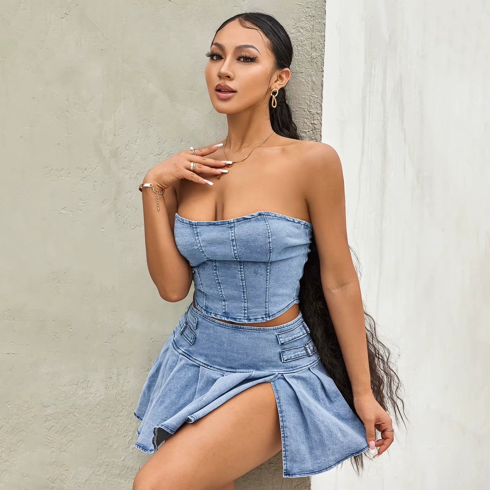 Retro Denim Off-Shoulder Corset Crop Tops Mini Pleated Skirts Two-Piece