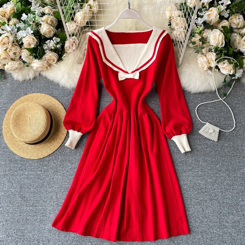 Retro Elastic Puff Sleeve V Neck Sweet Knitted Sweater Dresses