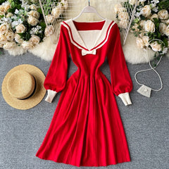 Retro Elastic Puff Sleeve V Neck Sweet Knitted Sweater Dresses