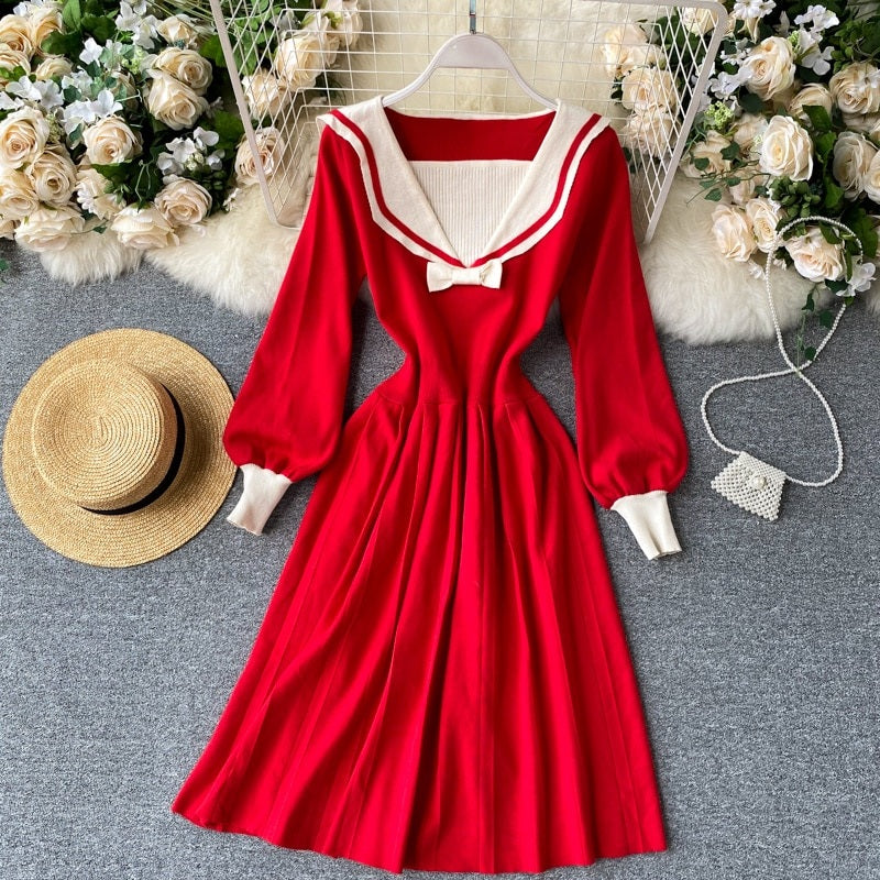 Retro Elastic Puff Sleeve V Neck Sweet Knitted Sweater Dresses