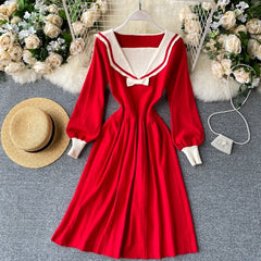 Retro Elastic Puff Sleeve V Neck Sweet Knitted Sweater Dresses