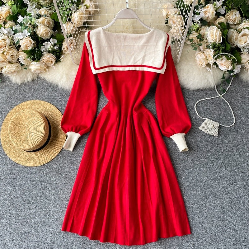 Retro Elastic Puff Sleeve V Neck Sweet Knitted Sweater Dresses