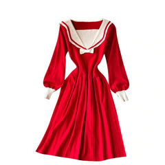 Retro Elastic Puff Sleeve V Neck Sweet Knitted Sweater Dresses