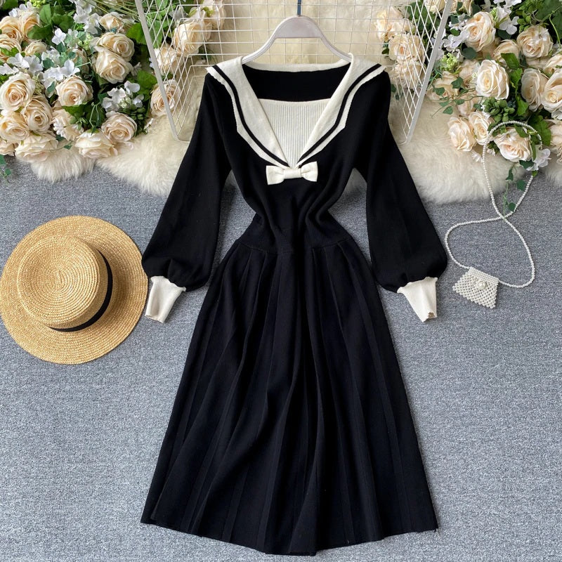 Retro Elastic Puff Sleeve V Neck Sweet Knitted Sweater Dresses