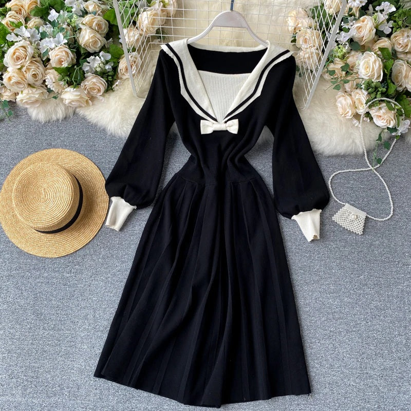 Retro Elastic Puff Sleeve V Neck Sweet Knitted Sweater Dresses