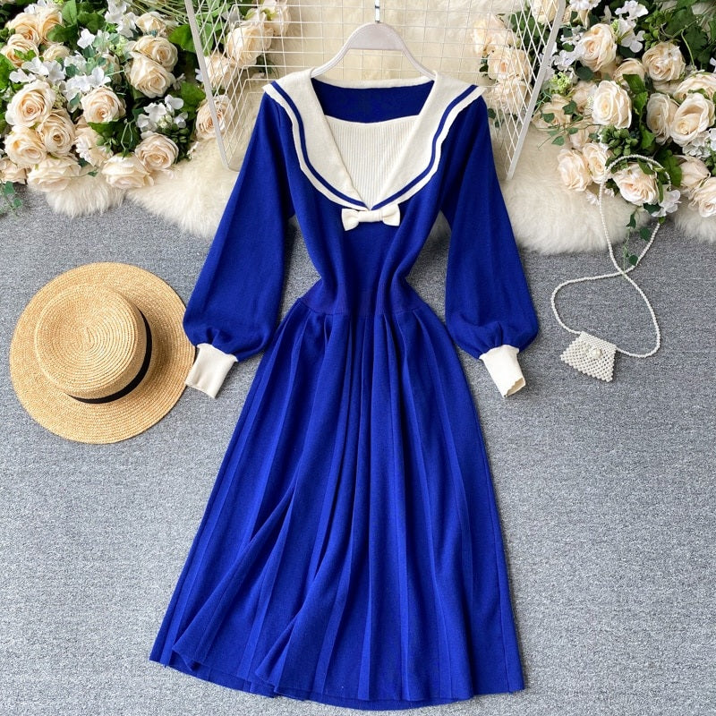 Retro Elastic Puff Sleeve V Neck Sweet Knitted Sweater Dresses