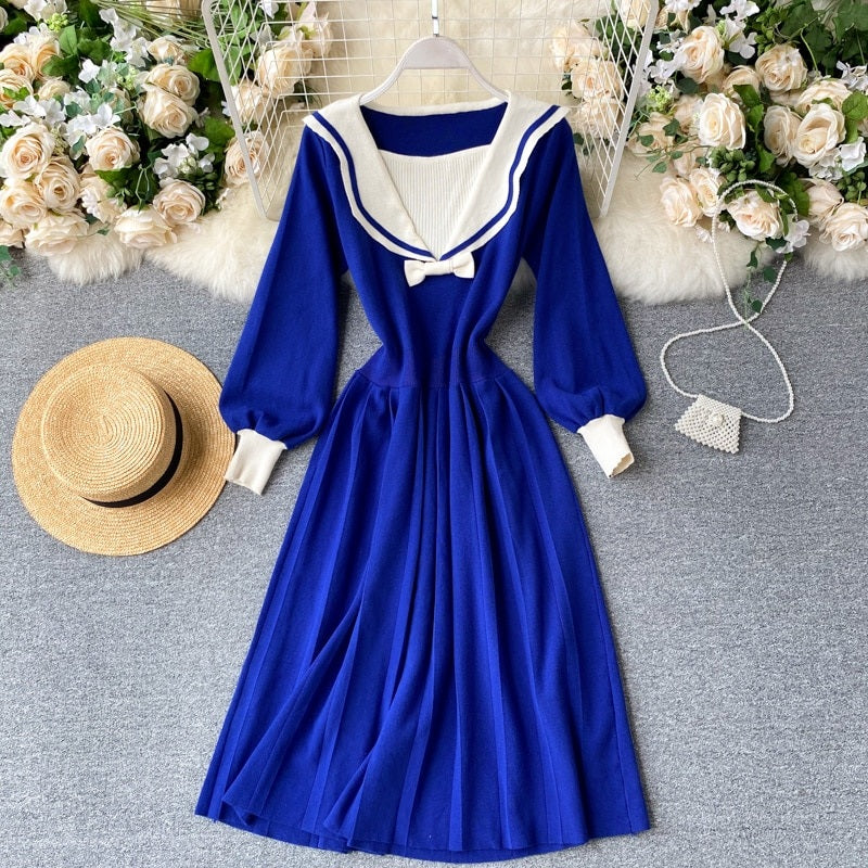 Retro Elastic Puff Sleeve V Neck Sweet Knitted Sweater Dresses