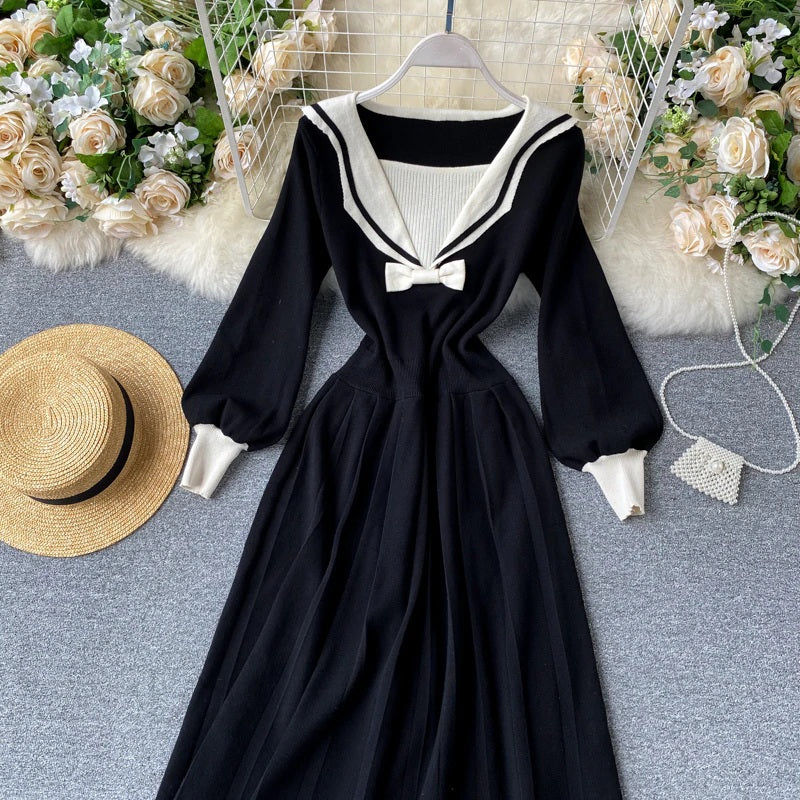 Retro Elastic Puff Sleeve V Neck Sweet Knitted Sweater Dresses