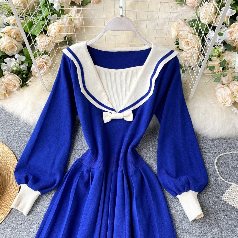 Retro Elastic Puff Sleeve V Neck Sweet Knitted Sweater Dresses