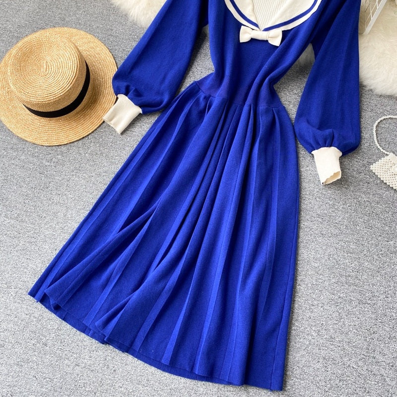 Retro Elastic Puff Sleeve V Neck Sweet Knitted Sweater Dresses