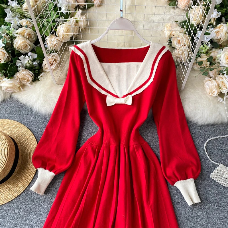 Retro Elastic Puff Sleeve V Neck Sweet Knitted Sweater Dresses