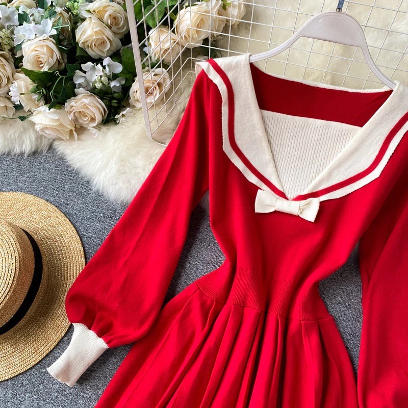 Retro Elastic Puff Sleeve V Neck Sweet Knitted Sweater Dresses