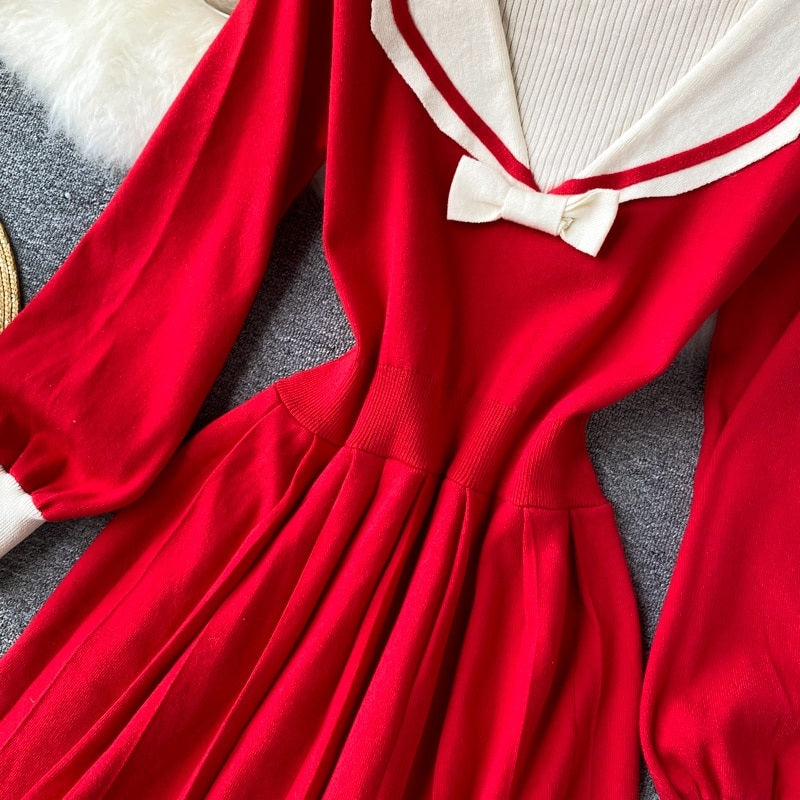Retro Elastic Puff Sleeve V Neck Sweet Knitted Sweater Dresses