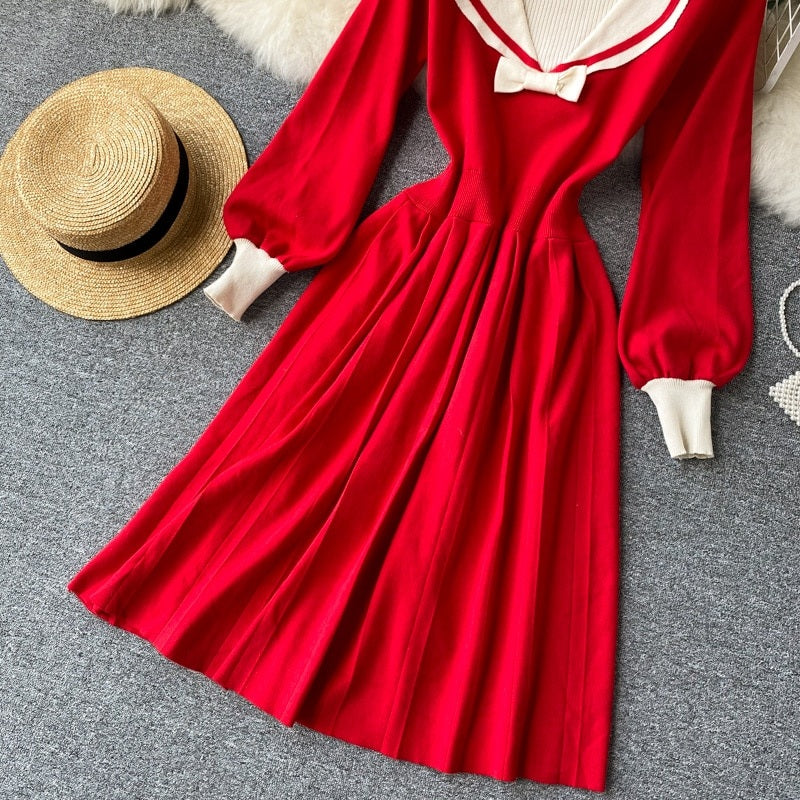 Retro Elastic Puff Sleeve V Neck Sweet Knitted Sweater Dresses