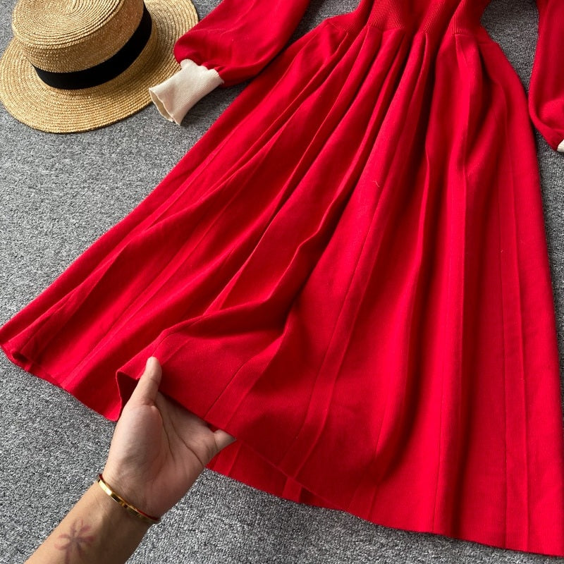 Retro Elastic Puff Sleeve V Neck Sweet Knitted Sweater Dresses