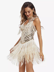 Retro Flapper With Tassels No Sleeve Half Turtleneck Sequin Party Dress