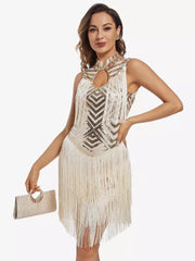 Retro Flapper With Tassels No Sleeve Half Turtleneck Sequin Party Dress