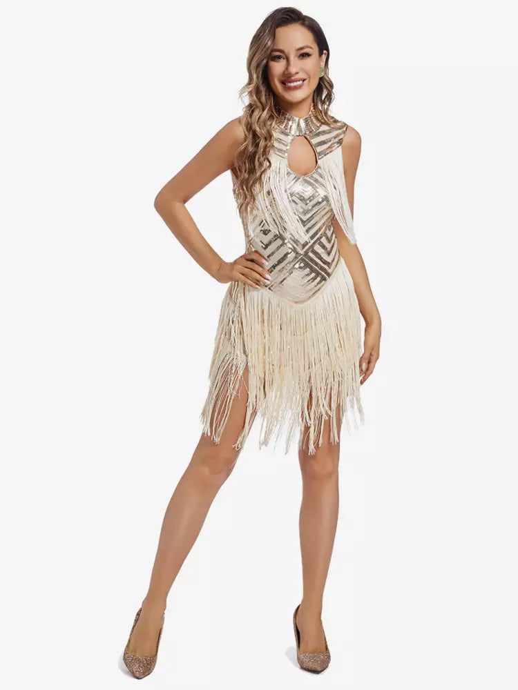 Retro Flapper With Tassels No Sleeve Half Turtleneck Sequin Party Dress