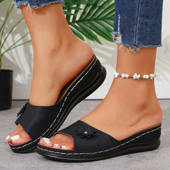 Retro Flower Decor Wedge Slippers Thick Bottom Platform Sandals Anti Slip Beach Shoes