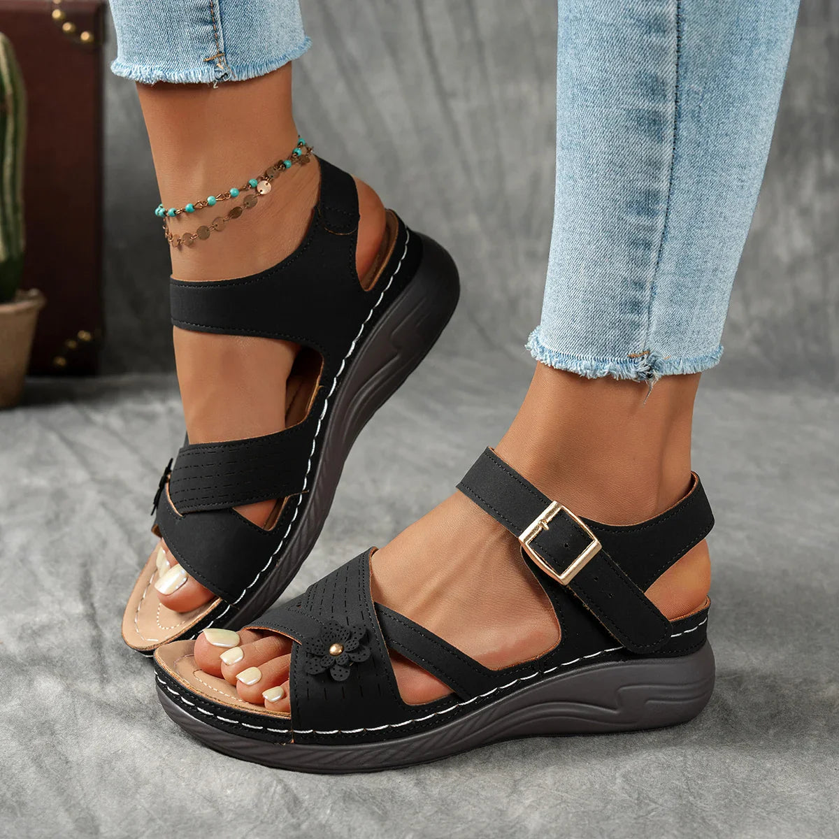 Retro Flower Plarform Sandals Plus Size Ankle Buckle Wedge Sandles Comfort Non Slip Orthopedic Sandalias Mujer