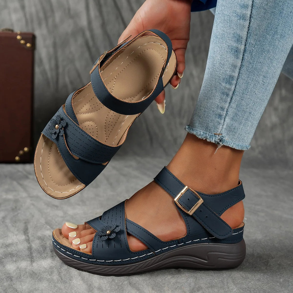 Retro Flower Plarform Sandals Plus Size Ankle Buckle Wedge Sandles Comfort Non Slip Orthopedic Sandalias Mujer