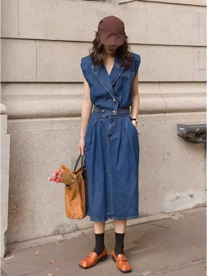 Retro High-End Sleeveless Denim Lapel Vest Top Paired With Slim Fit Skirt Two-Piece Set