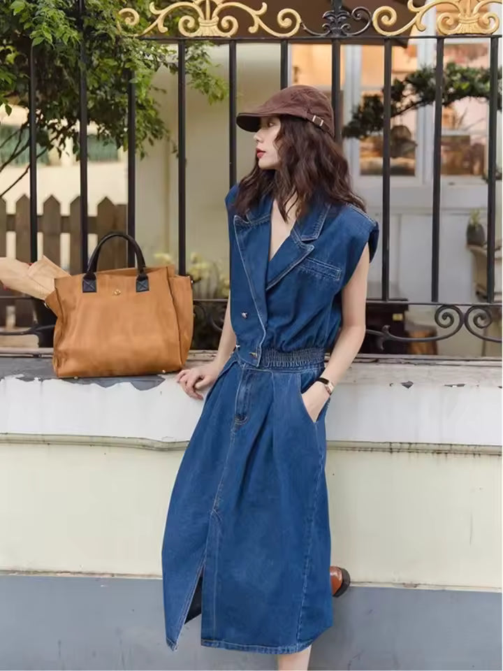 Retro High-End Sleeveless Denim Lapel Vest Top Paired With Slim Fit Skirt Two-Piece Set