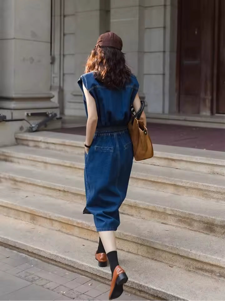 Retro High-End Sleeveless Denim Lapel Vest Top Paired With Slim Fit Skirt Two-Piece Set
