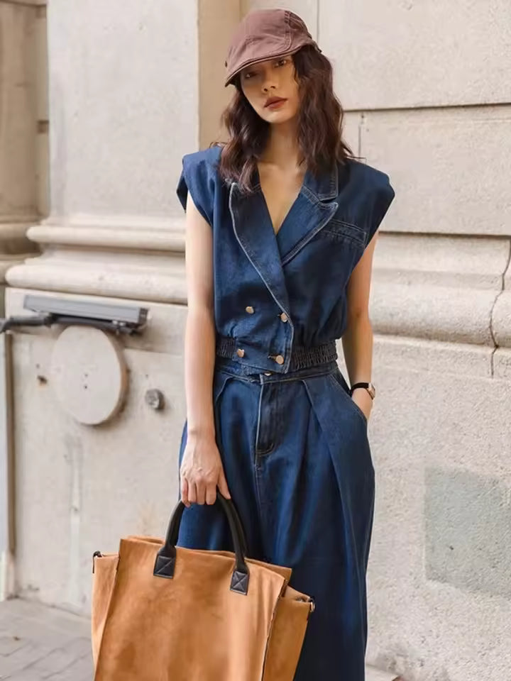 Retro High-End Sleeveless Denim Lapel Vest Top Paired With Slim Fit Skirt Two-Piece Set
