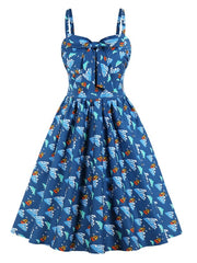 Retro Knotted Print Bows Sleeveless Straps Neck Swing Dress