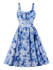 Retro Knotted Print Bows Sleeveless Straps Neck Swing Dress