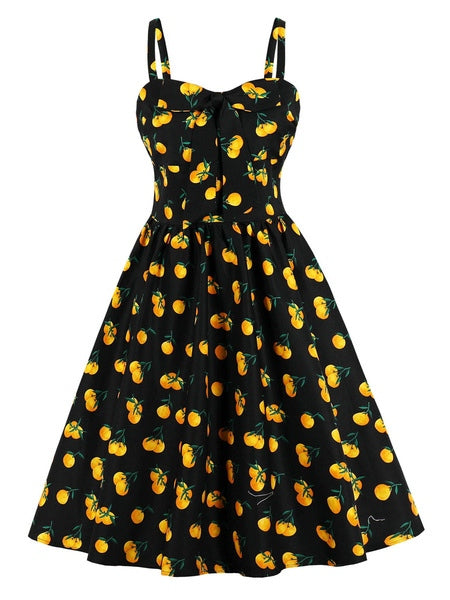 Retro Knotted Print Bows Sleeveless Straps Neck Swing Dress