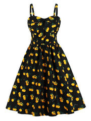 Retro Knotted Print Bows Sleeveless Straps Neck Swing Dress