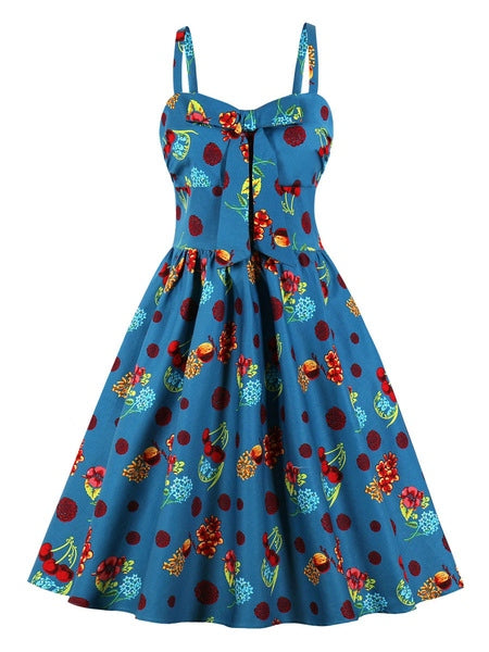 Retro Knotted Print Bows Sleeveless Straps Neck Swing Dress