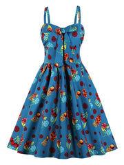 Retro Knotted Print Bows Sleeveless Straps Neck Swing Dress