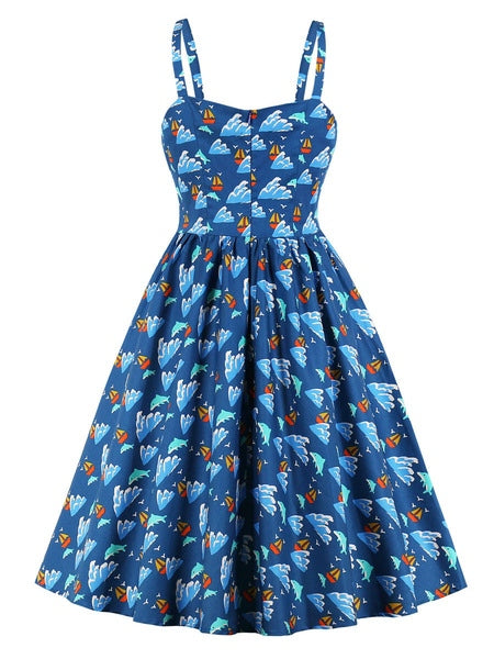 Retro Knotted Print Bows Sleeveless Straps Neck Swing Dress
