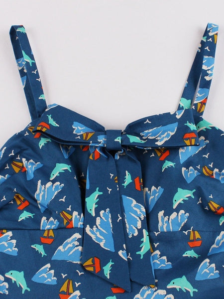 Retro Knotted Print Bows Sleeveless Straps Neck Swing Dress
