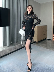 Retro Style Turtleneck Mesh Long-Sleeved Lace Dresses