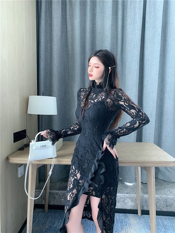 Retro Style Turtleneck Mesh Long-Sleeved Lace Dresses