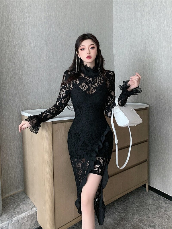 Retro Style Turtleneck Mesh Long-Sleeved Lace Dresses