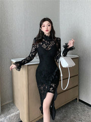 Retro Style Turtleneck Mesh Long-Sleeved Lace Dresses