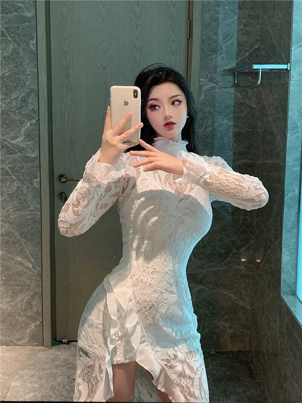 Retro Style Turtleneck Mesh Long-Sleeved Lace Dresses