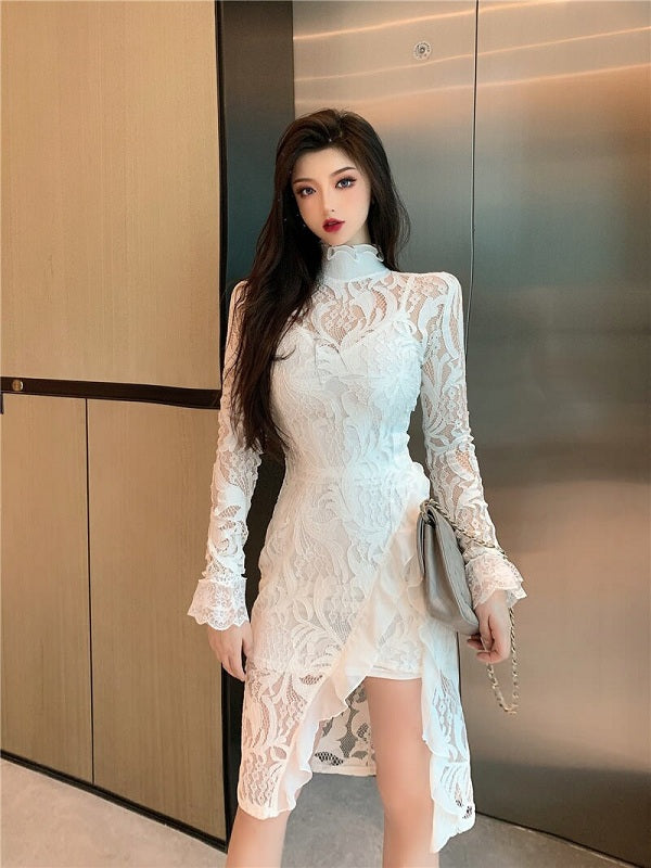 Retro Style Turtleneck Mesh Long-Sleeved Lace Dresses